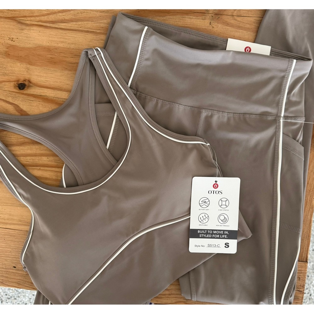 #A- 030- Otos Womens 2 Piece Activewear Set Taupe Brown Leggings Sports Bra l